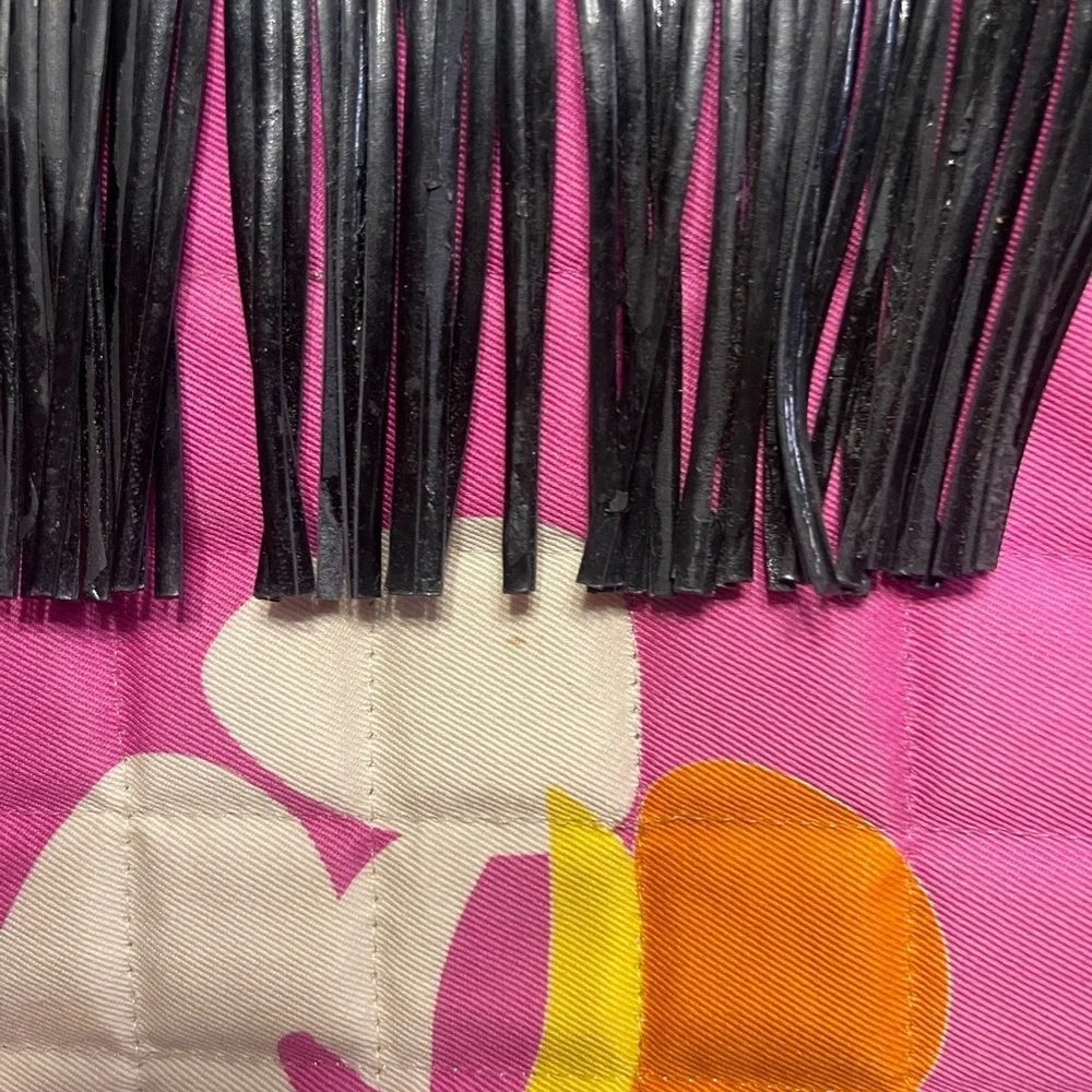 CHANEL vintage Pink Quilted Tote with Black Fringe and Colorful Accents